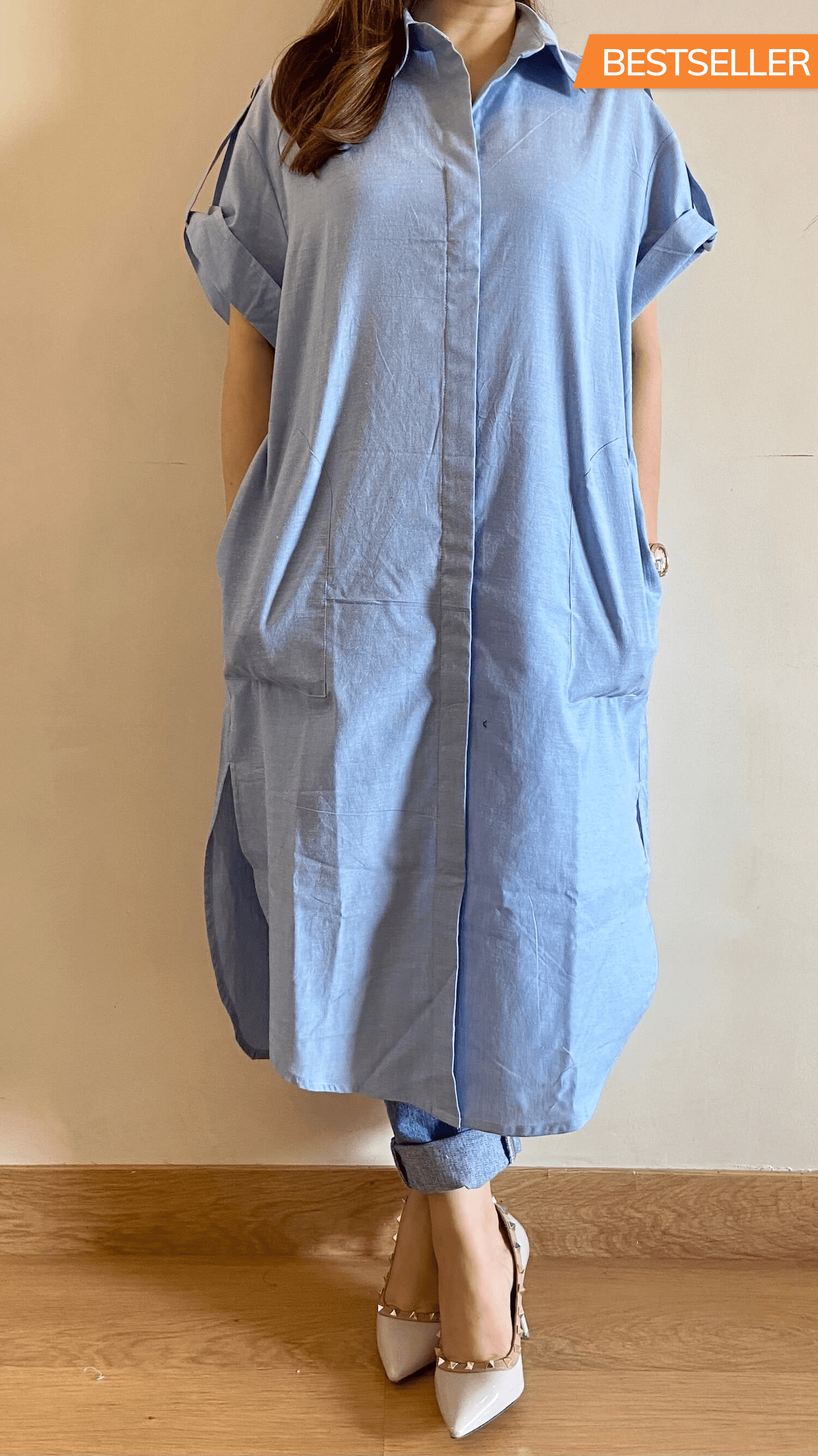 Sky Blue Oversize Shirt Dress with Pockets Freesize