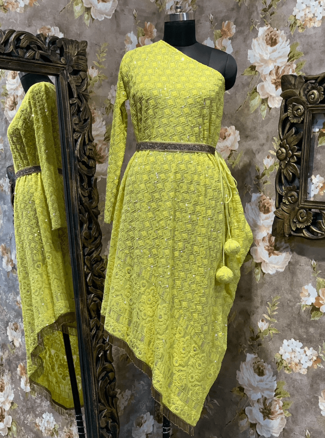 Georgette Lemon Yellow One Shoulder Dress