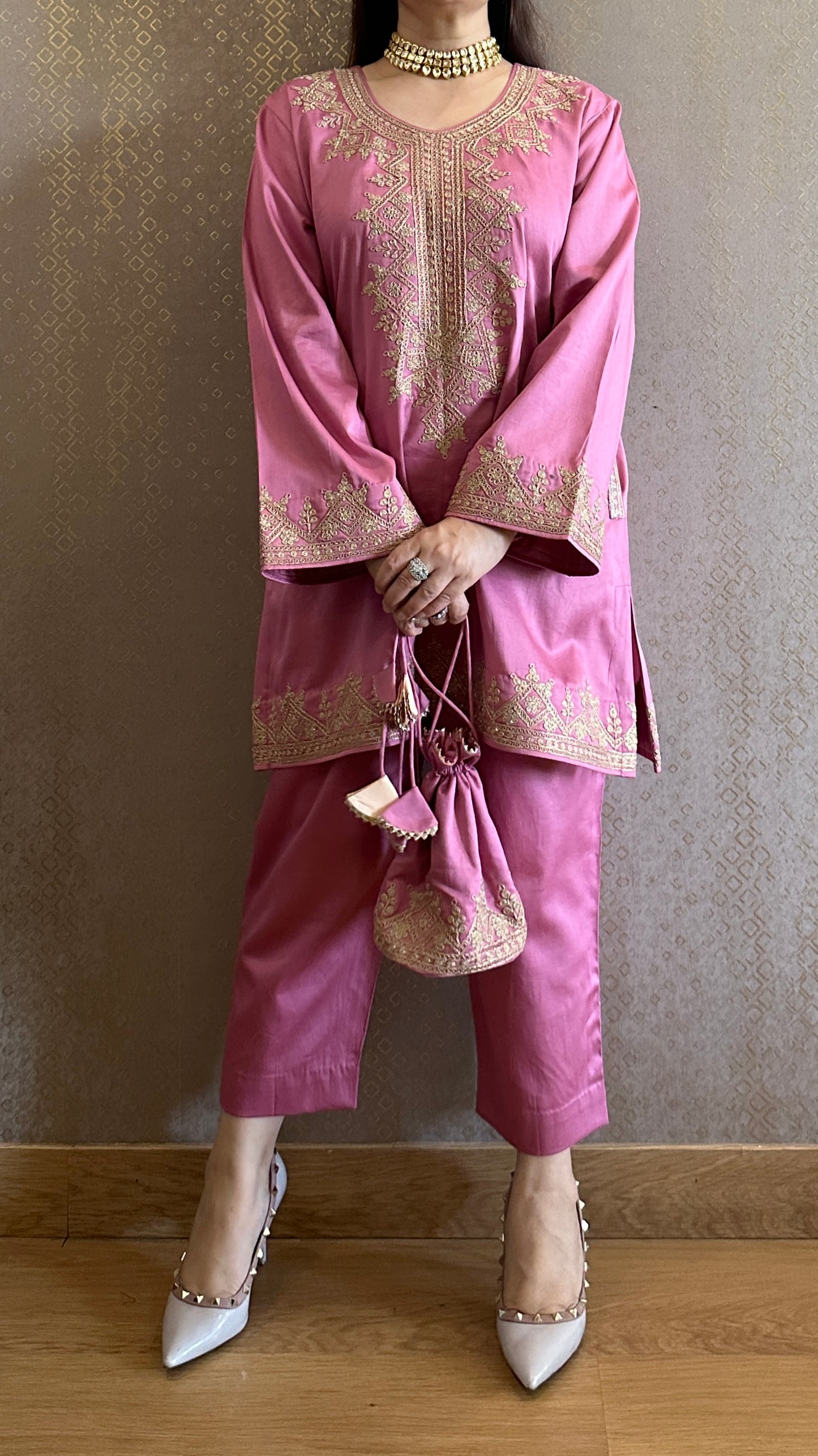 Pink Cotton Embroidered Kashmiri Co-ord Set