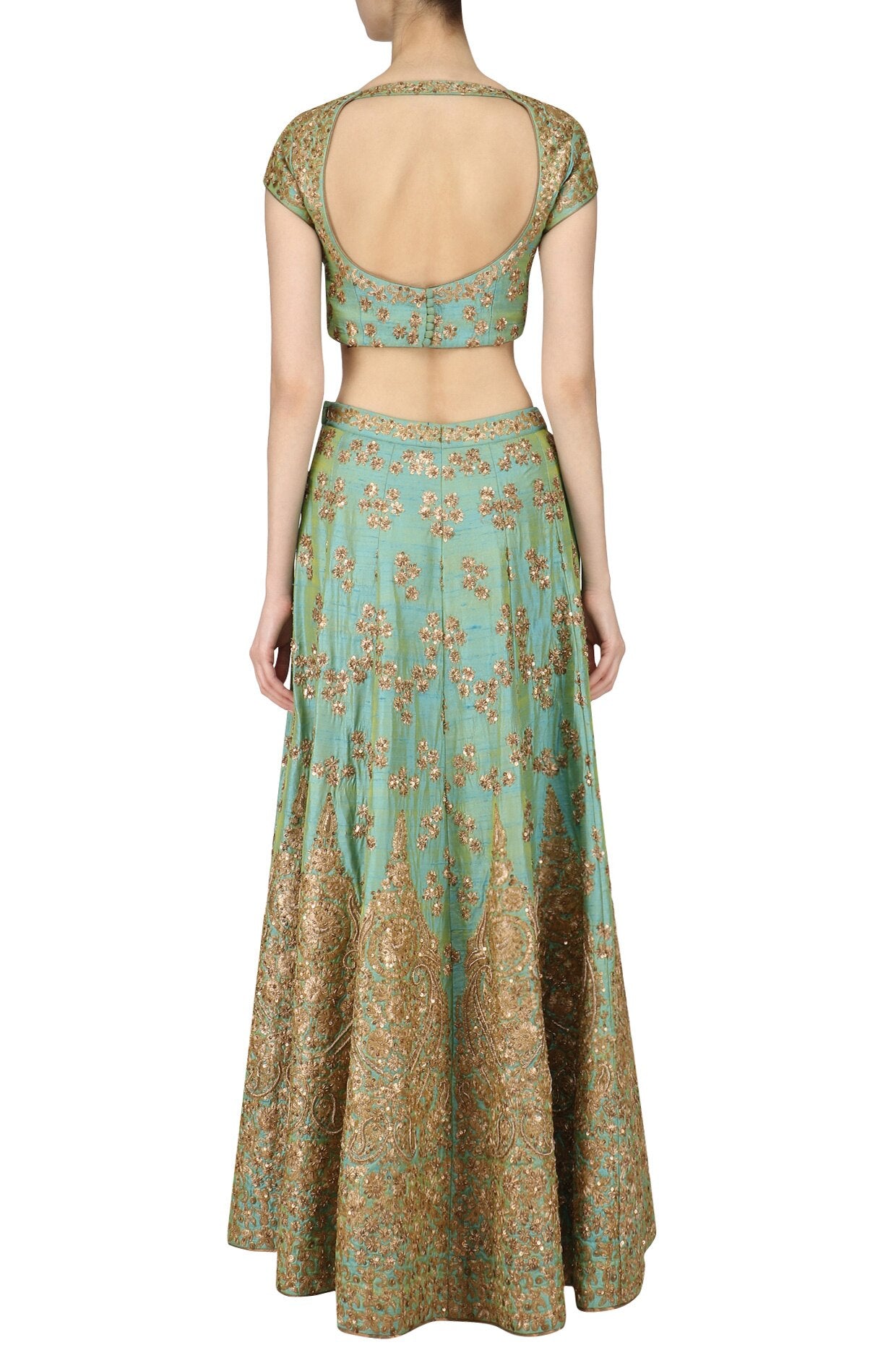 Mint Green and Gold Floral Embroidered Lehenga Set - kylee