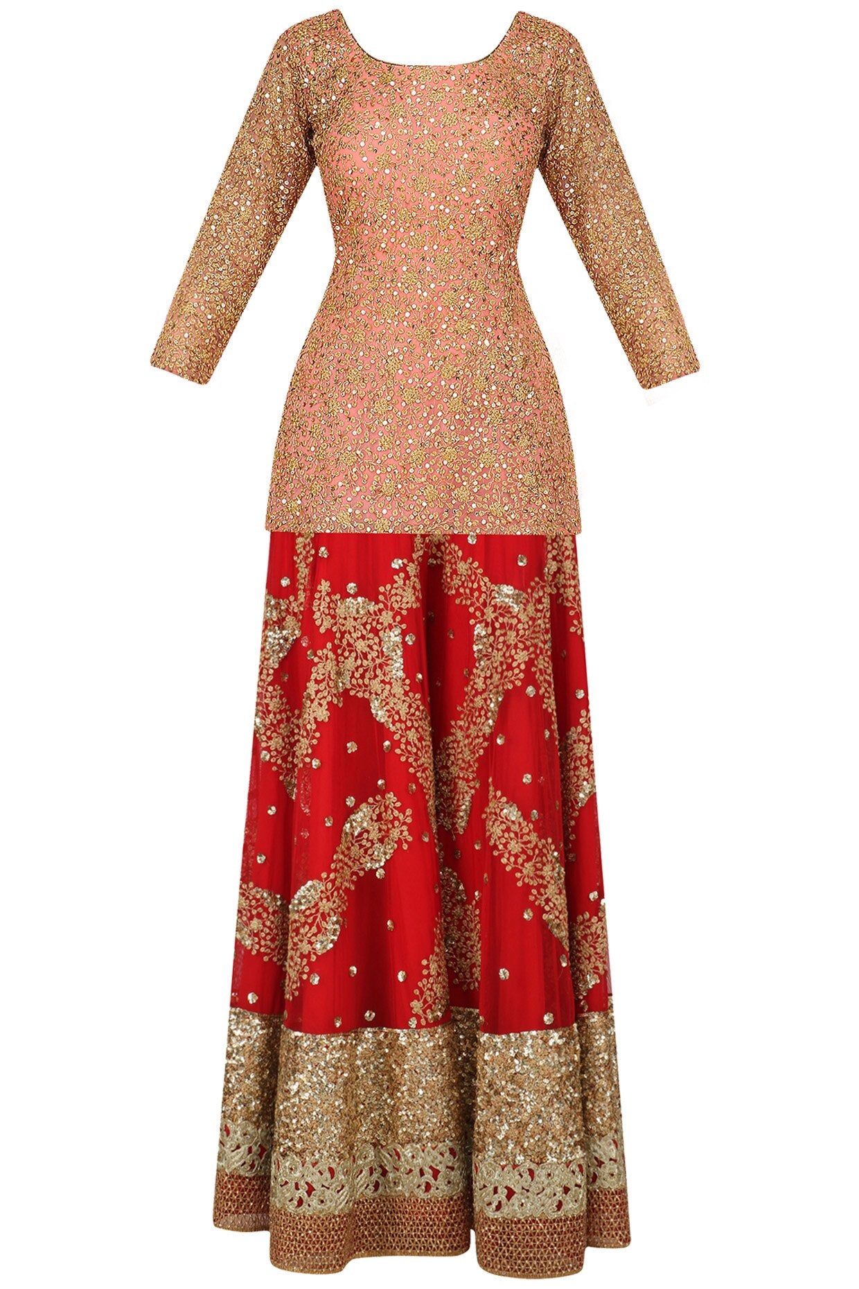 Salmon Pink Sequinned Kurta with Red Sharara Pants - kylee