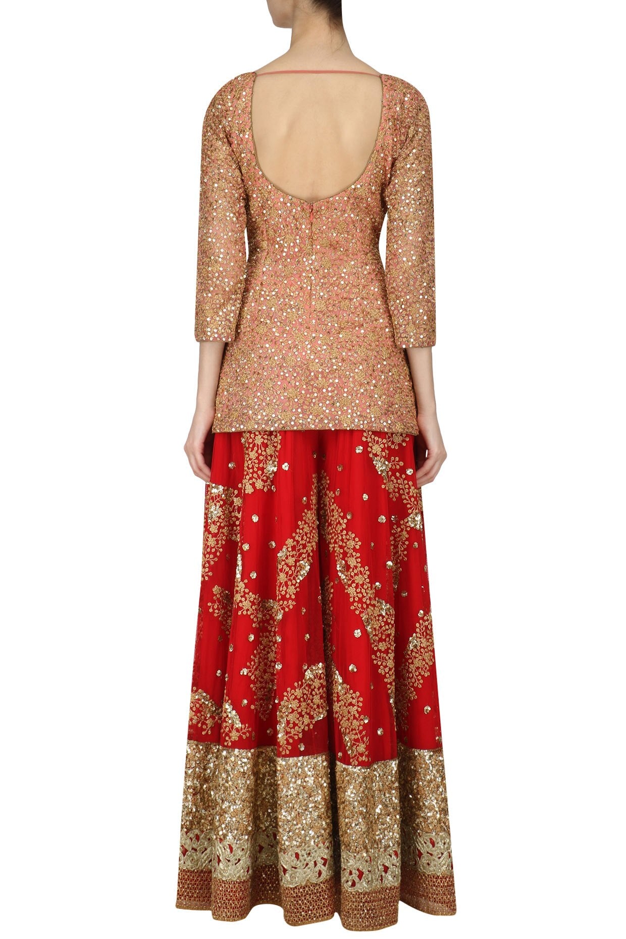 Salmon Pink Sequinned Kurta with Red Sharara Pants - kylee