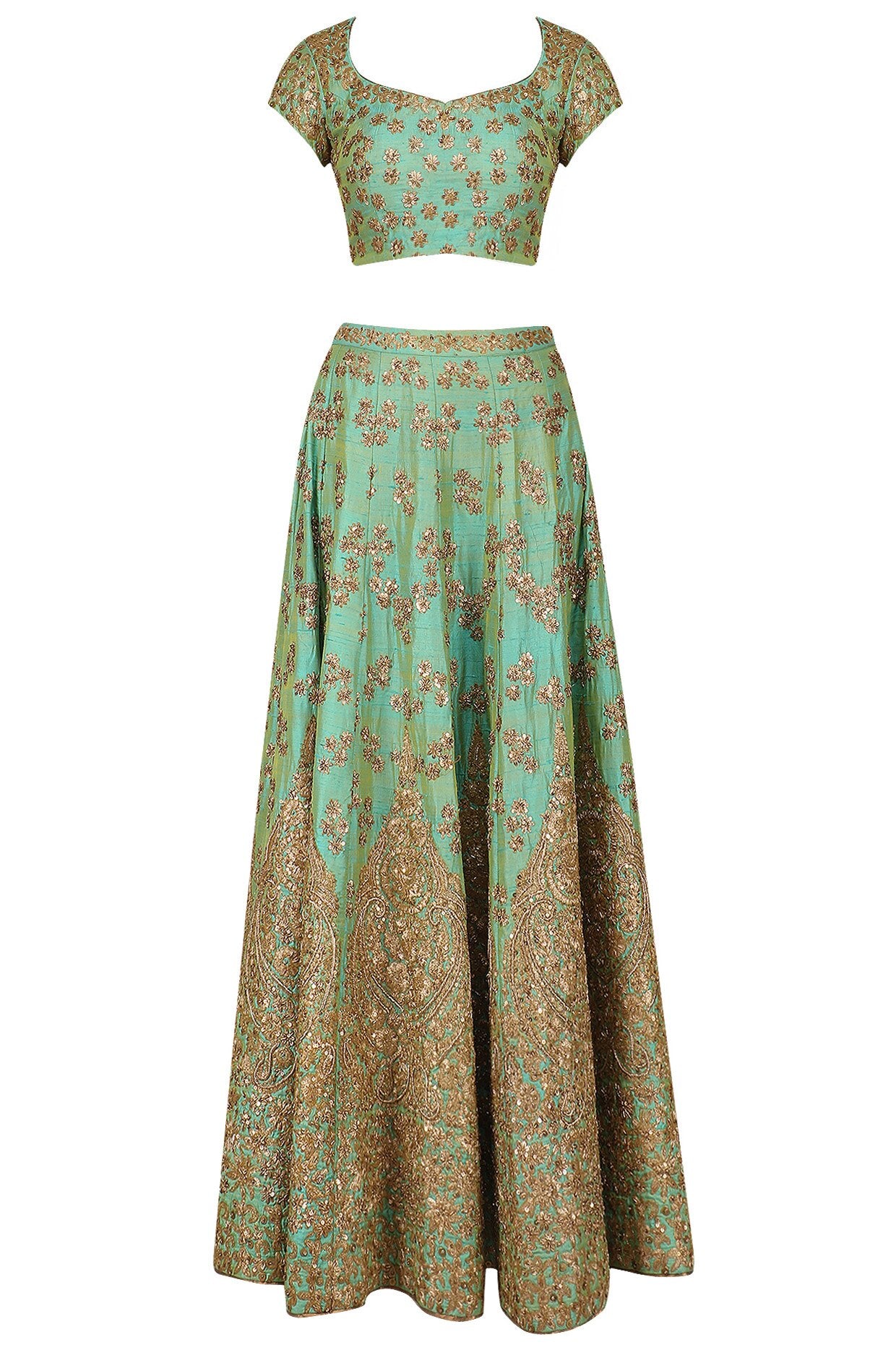 Mint Green and Gold Floral Embroidered Lehenga Set - kylee