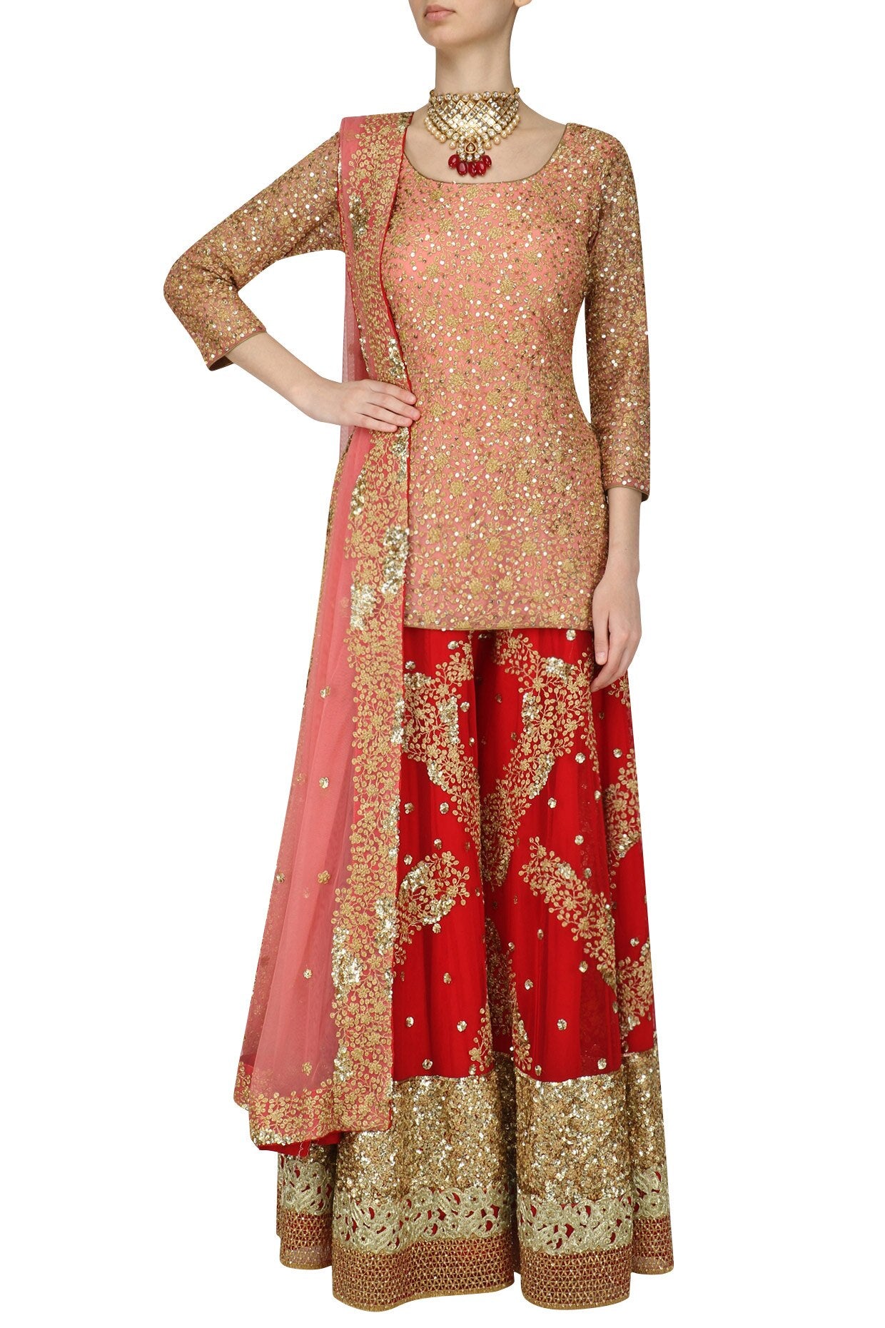 Salmon Pink Sequinned Kurta with Red Sharara Pants - kylee