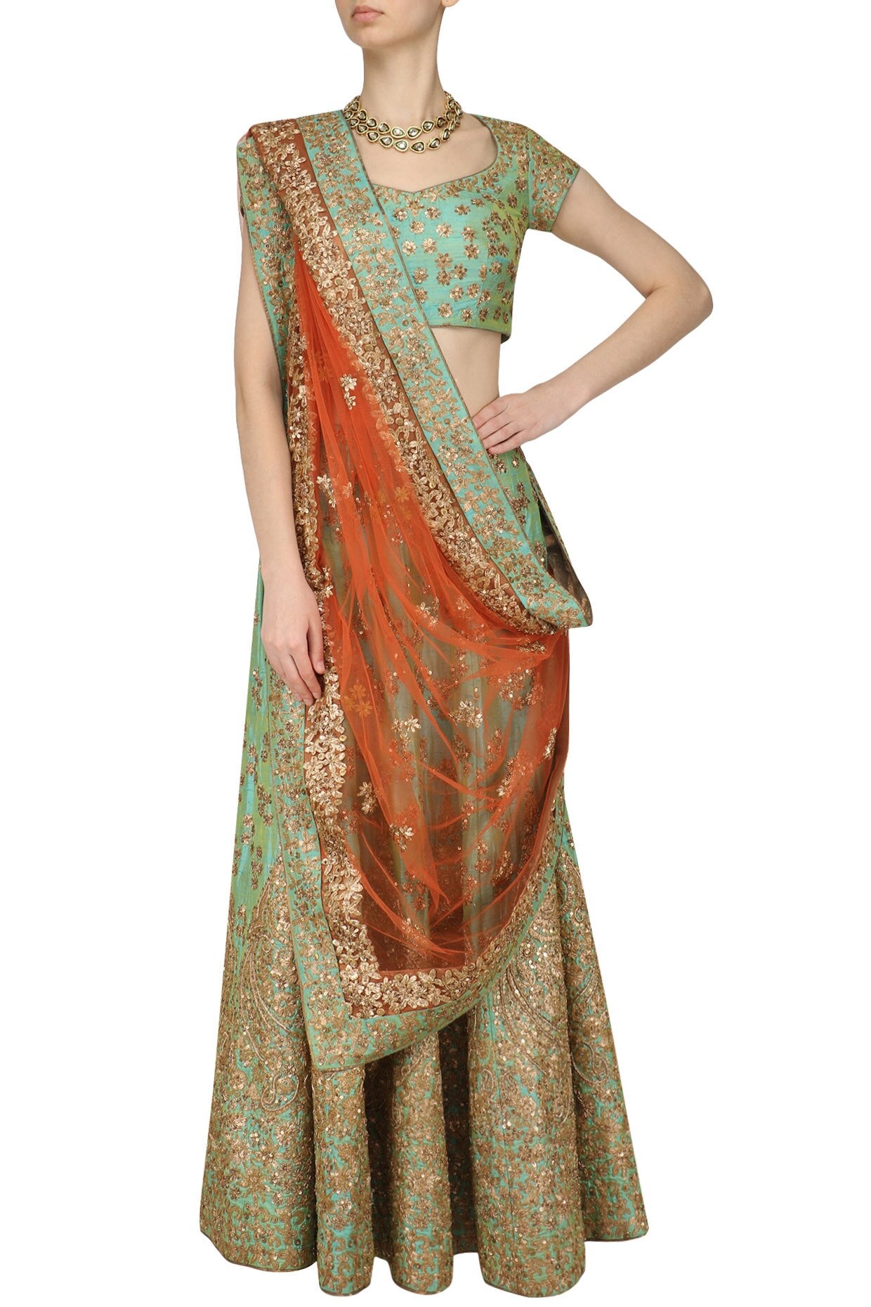 Mint Green and Gold Floral Embroidered Lehenga Set - kylee