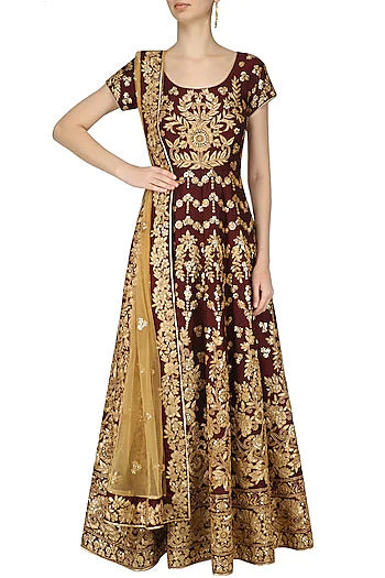 Maroon and Gold Floral Embroidered Anarkali Set - kylee
