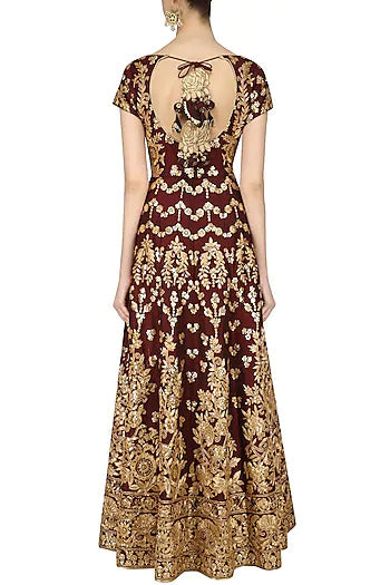 Maroon and Gold Floral Embroidered Anarkali Set - kylee