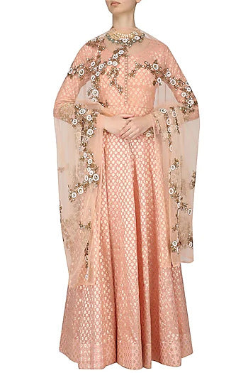 Peach Floral Embroidered Dupatta Anarkali Set - kylee