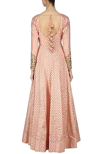 Peach Floral Embroidered Dupatta Anarkali Set - kylee