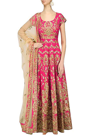 Red And Pink Thread With Gold Sequins Floral Embroidery Work On Beige