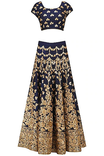 Navy and Gold Embroidered Lehenga Set - kylee