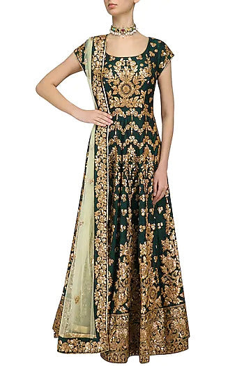 Bottle Green Embroidered Anarkali Set - kylee