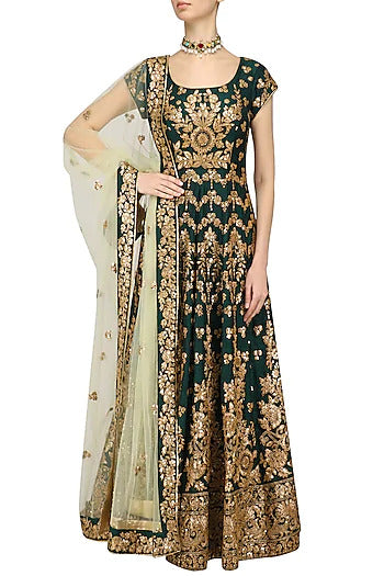 Bottle Green Embroidered Anarkali Set - kylee