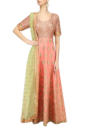 Peach and Light Green Embroidered Anarkali Set - kylee