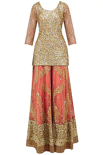 Salmon Pink Embroidered Sharara Set - kylee
