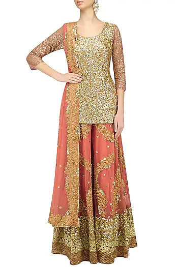 Salmon Pink Embroidered Sharara Set - kylee