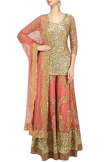 Salmon Pink Embroidered Sharara Set - kylee