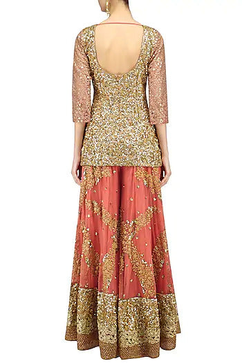 Salmon Pink Embroidered Sharara Set - kylee