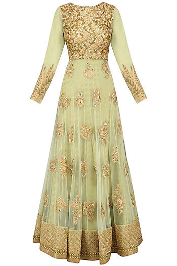 Mint Green Floral Embroidered Anarkali Set - kylee