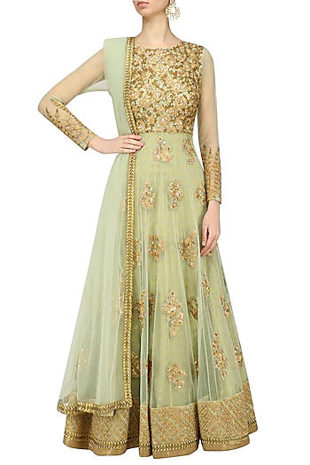 Mint Green Floral Embroidered Anarkali Set - kylee