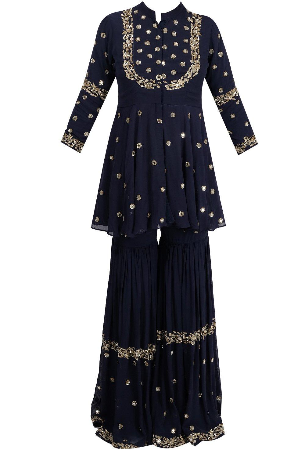 Navy blue embroidered sharara set - kylee