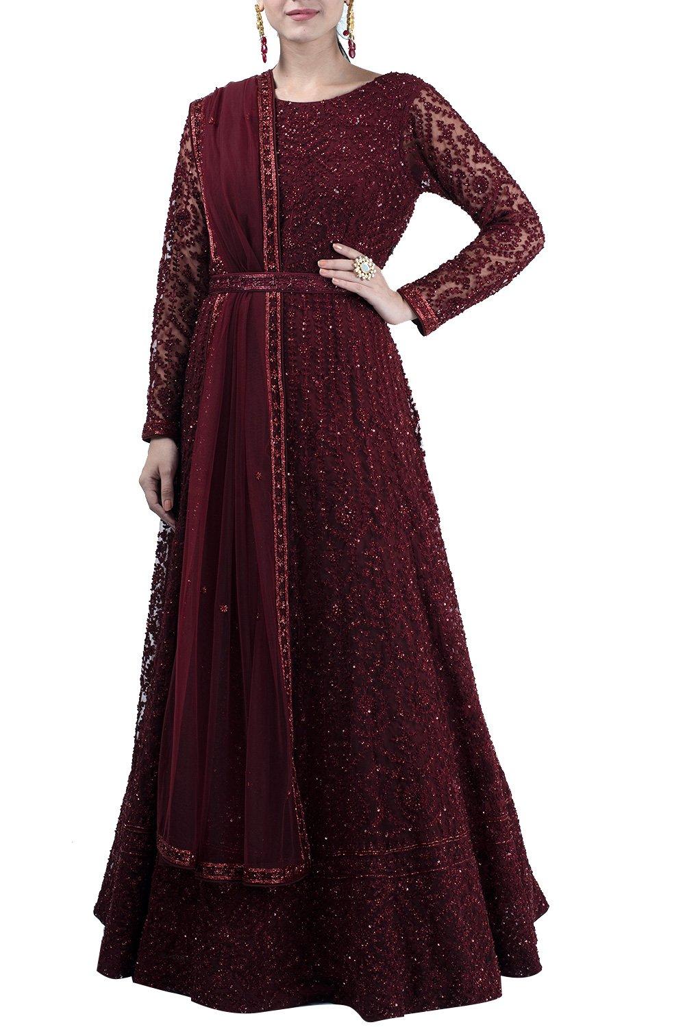 Maroon Hand Aari Work Embroidered Gown - kylee