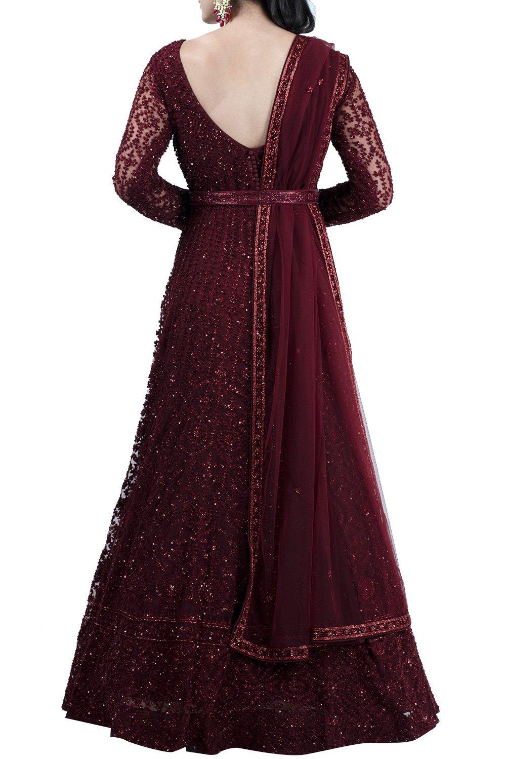 Maroon Hand Aari Work Embroidered Gown - kylee