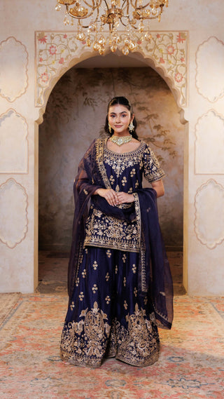 Navy Gul Embroidered Sharara Set