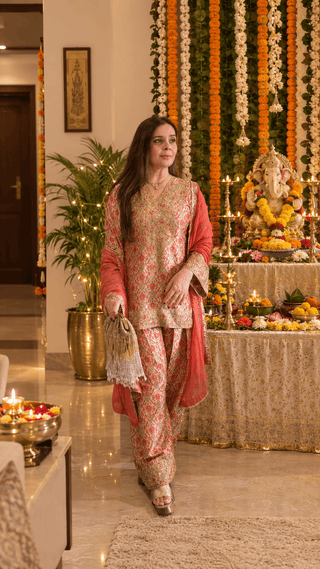 Orange and Ivory Patola Embroidered Coord with Optional Dupatta