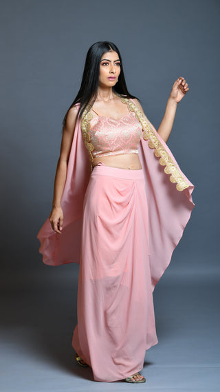Salmon Pink Drape Skirt And Cape Set