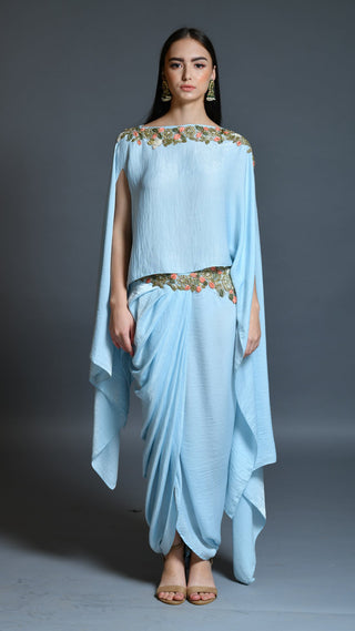 Powder Blue Dhoti Drape Skirt And Cape Set