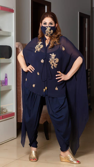 Navy Blue Cape And Dhoti Set