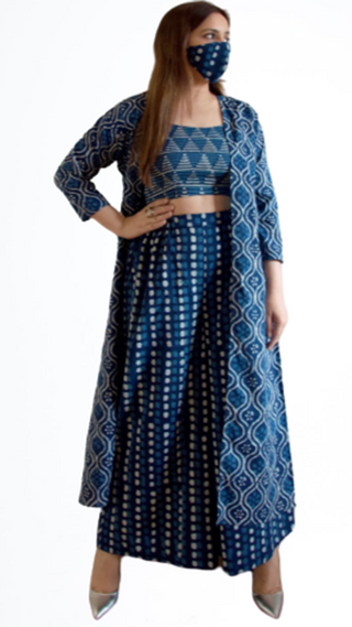 Indigo printed suit with cape and face mask