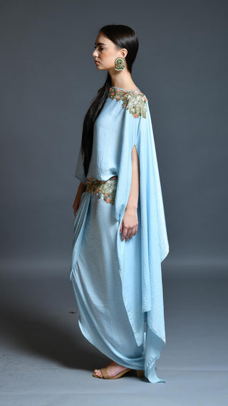 Powder Blue Dhoti Drape Skirt And Cape Set