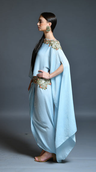 Powder Blue Dhoti Drape Skirt And Cape Set
