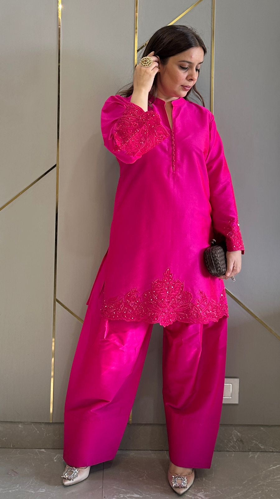 Hot Pink Hand Embroidered Rani Co-ord with Farshi Salwar