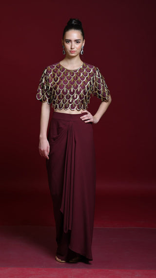 Maroon Drape Skirt And Crop-Top