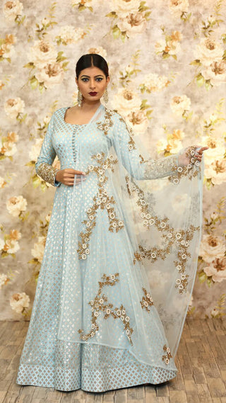 Peach Floral Embroidered Dupatta Anarkali Set