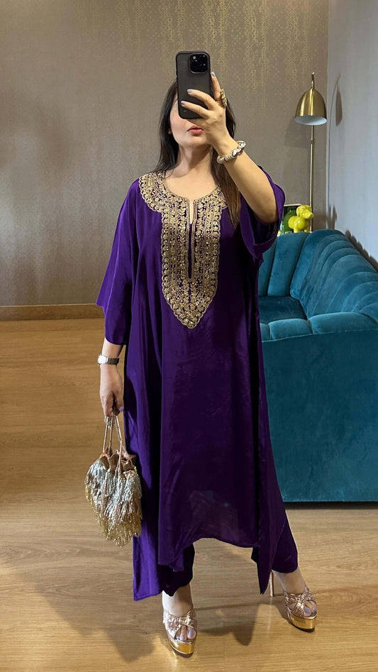 Purple Embroidered High Low Crepe Co-ord