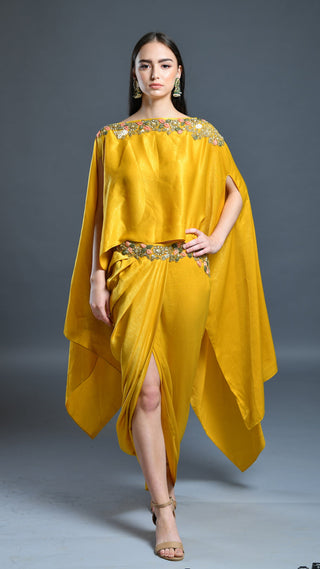 Mustard Yellow Dhoti Drape Skirt And Cape Set