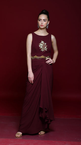 Maroon Satin Drape Skirt And Crop-Top