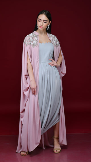 Rose Quartz Pink Light Grey Drape Skirt, Crop-Top Cape Set