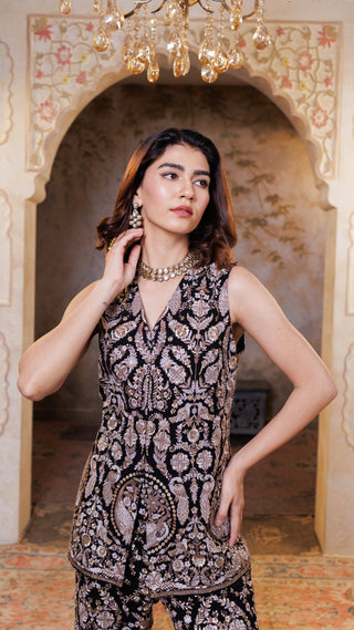 Black Adaa Sleeveless Embroidered Coord Set