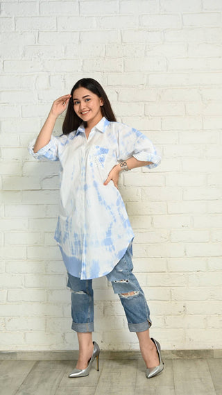 Blue-White Oversized Tie-Dye Cotton Shirt with Face Mask