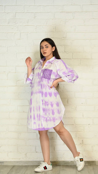 Purple-White Oversized Tie-Dye Cotton Shirt with Face Mask