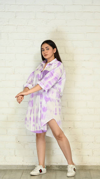 Purple-White Oversized Tie-Dye Cotton Shirt with Face Mask
