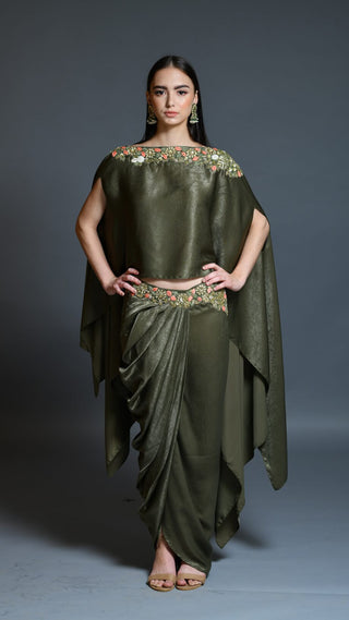 Olive Green Dhoti Drape Skirt And Cape Set