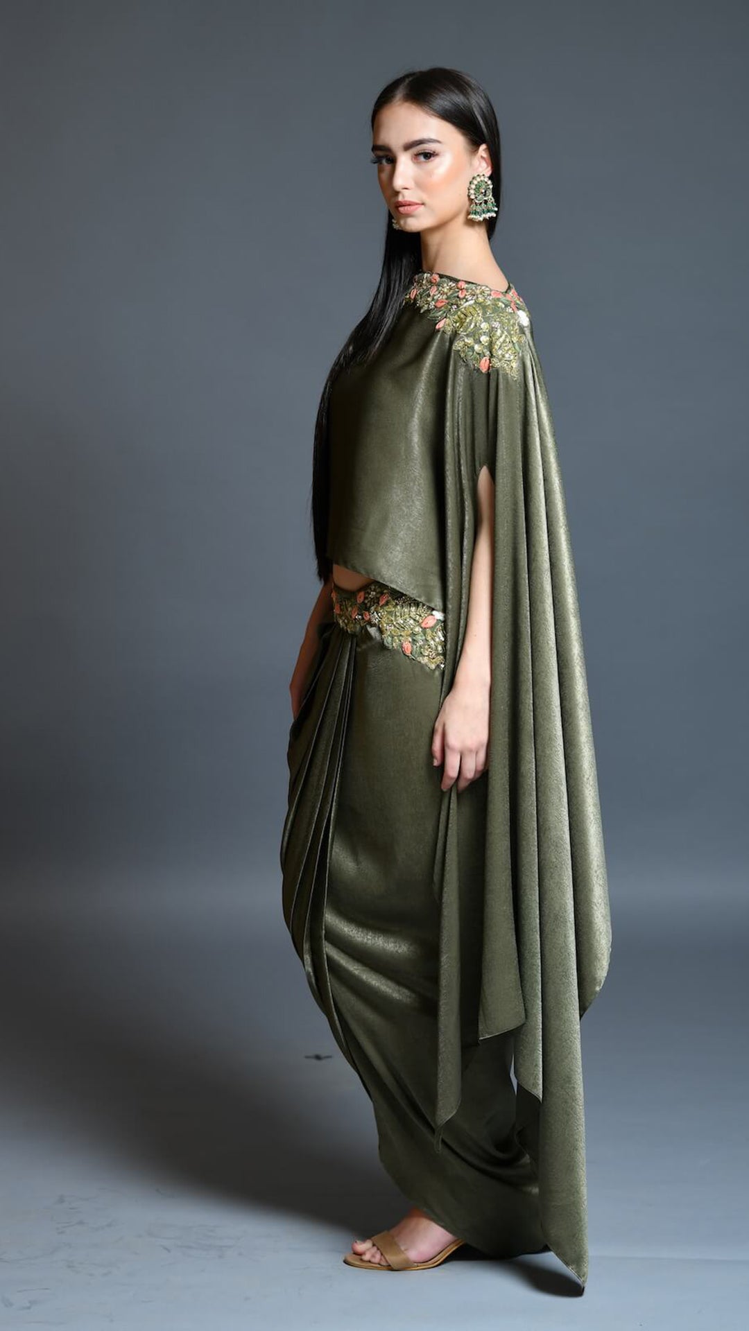 Olive Dhoti Drape Skirt & Cape Set | Contemporary Cape Sets