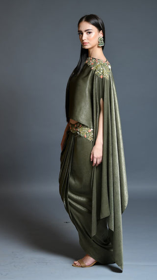 Olive Green Dhoti Drape Skirt And Cape Set