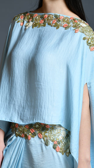 Powder Blue Dhoti Drape Skirt And Cape Set
